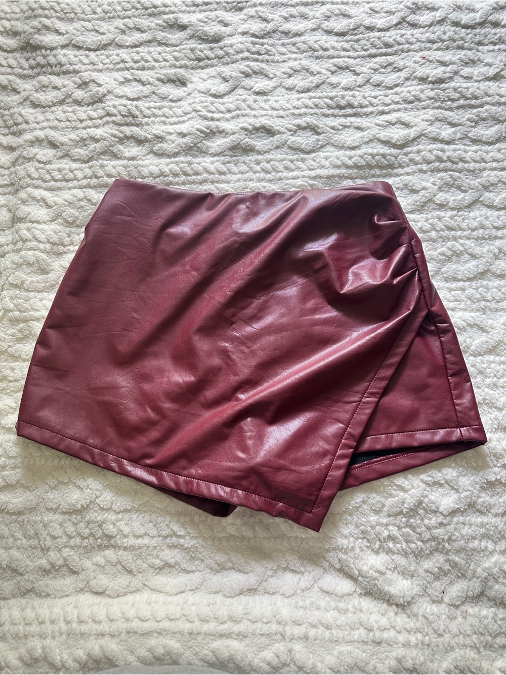 Faux Leather Wrap Mini Skirt in Wine